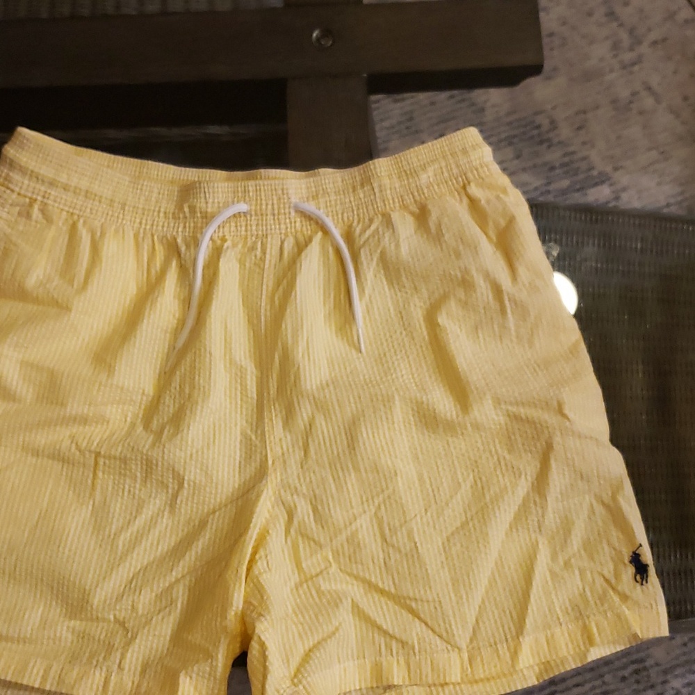 Polo by Ralph Lauren men's shorts. Large. Yellow and white stripe. Pockets.